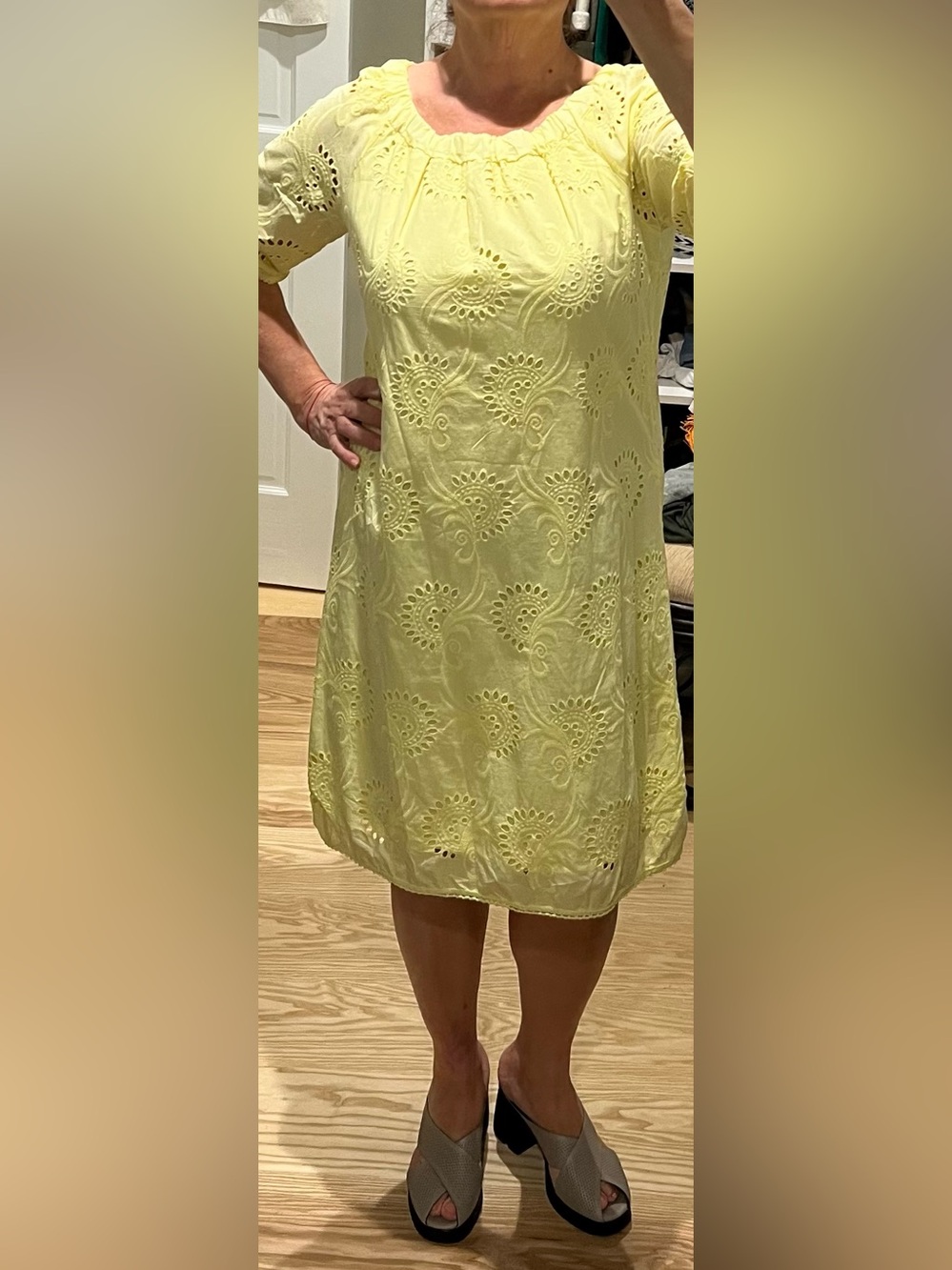 Yellow Eyelet Mini Dress with Scalloped Neckline Italy cotton embroidered M